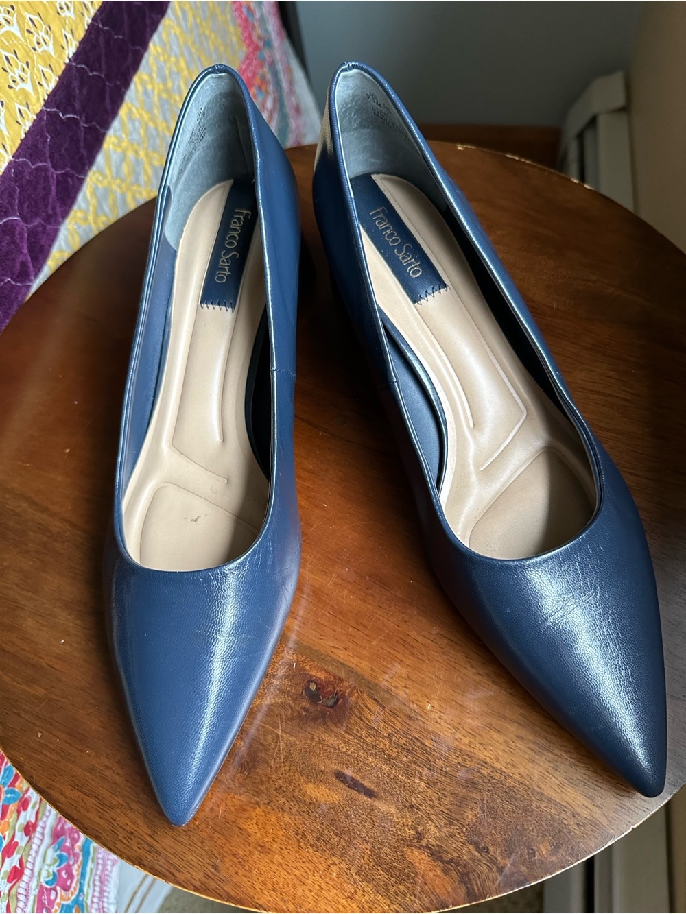 Franco Sarto Racer Navy Blue Leather Block Heel Pumps‎ Size 9.5M Like New